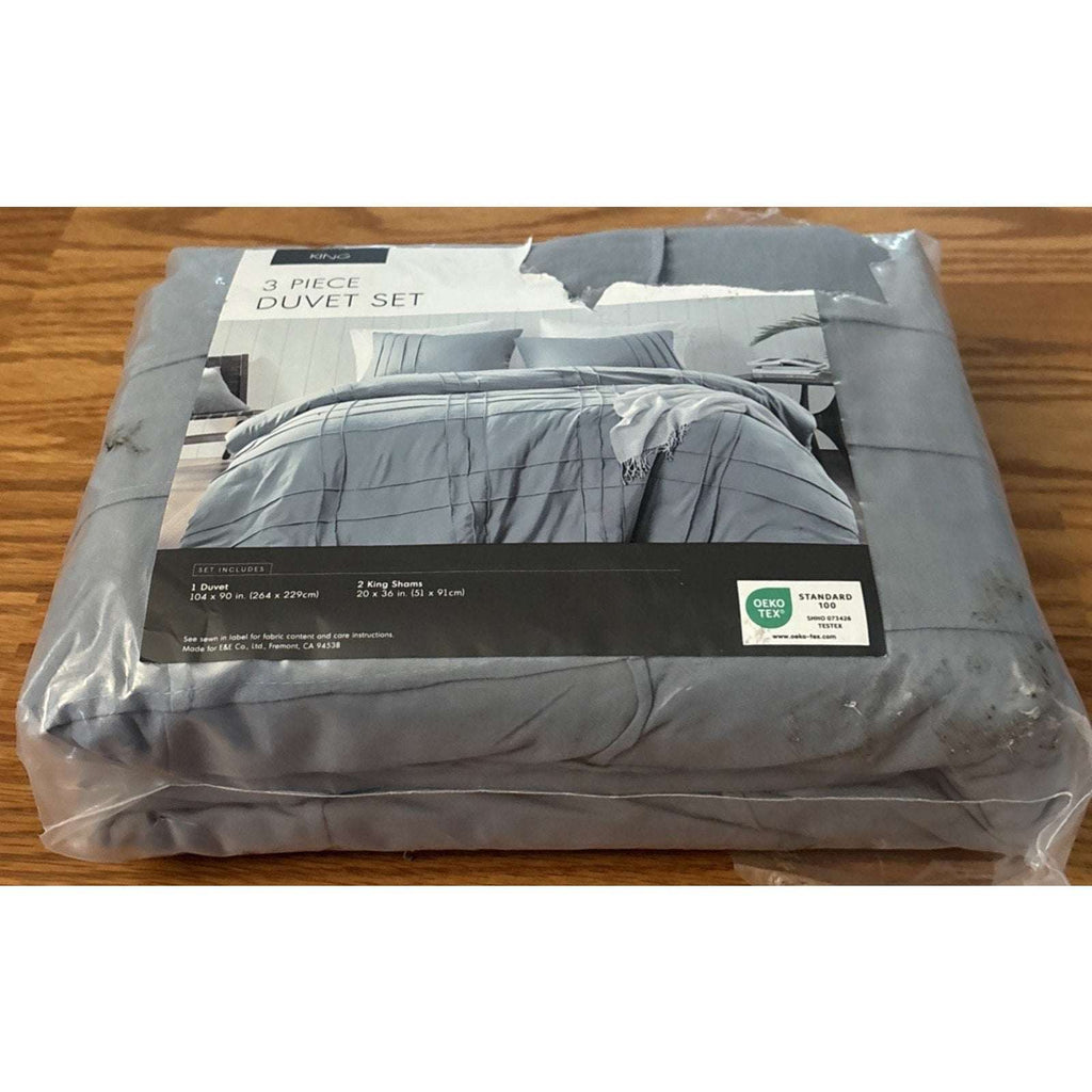 King Size 3PC PORTER Soft Washed Cotton Pinch Pleated Duvet Set Slate Gray/Blue