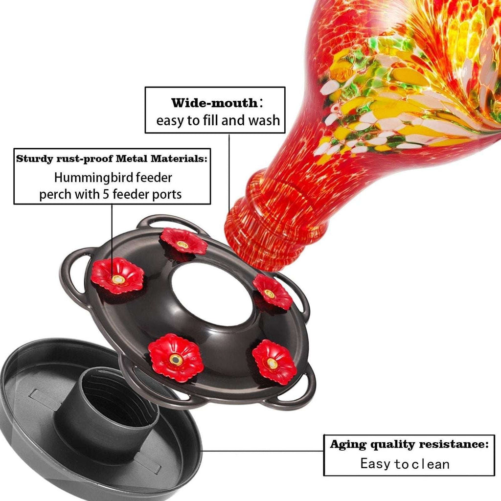 36OZ Hand Blown Glass Hanging Hummingbird Feeder with 5 Flower Feeding Stations