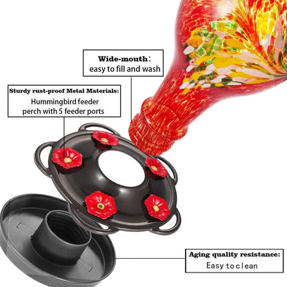 36OZ Hand Blown Glass Hanging Hummingbird Feeder with 5 Flower Feeding Stations