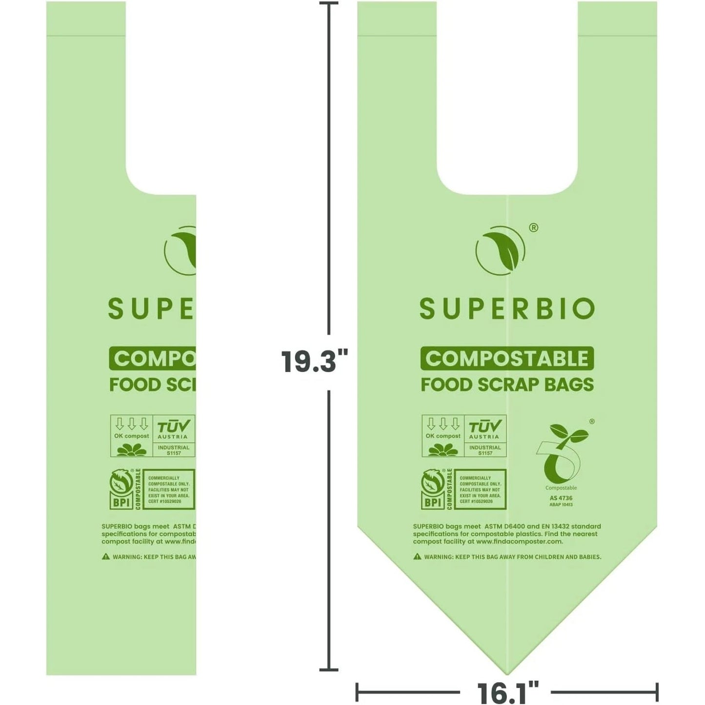 100Pk SUPERBIO 1.6 Gallon Handle Tie Compostable Food Scrap Bags Counter Top Bin