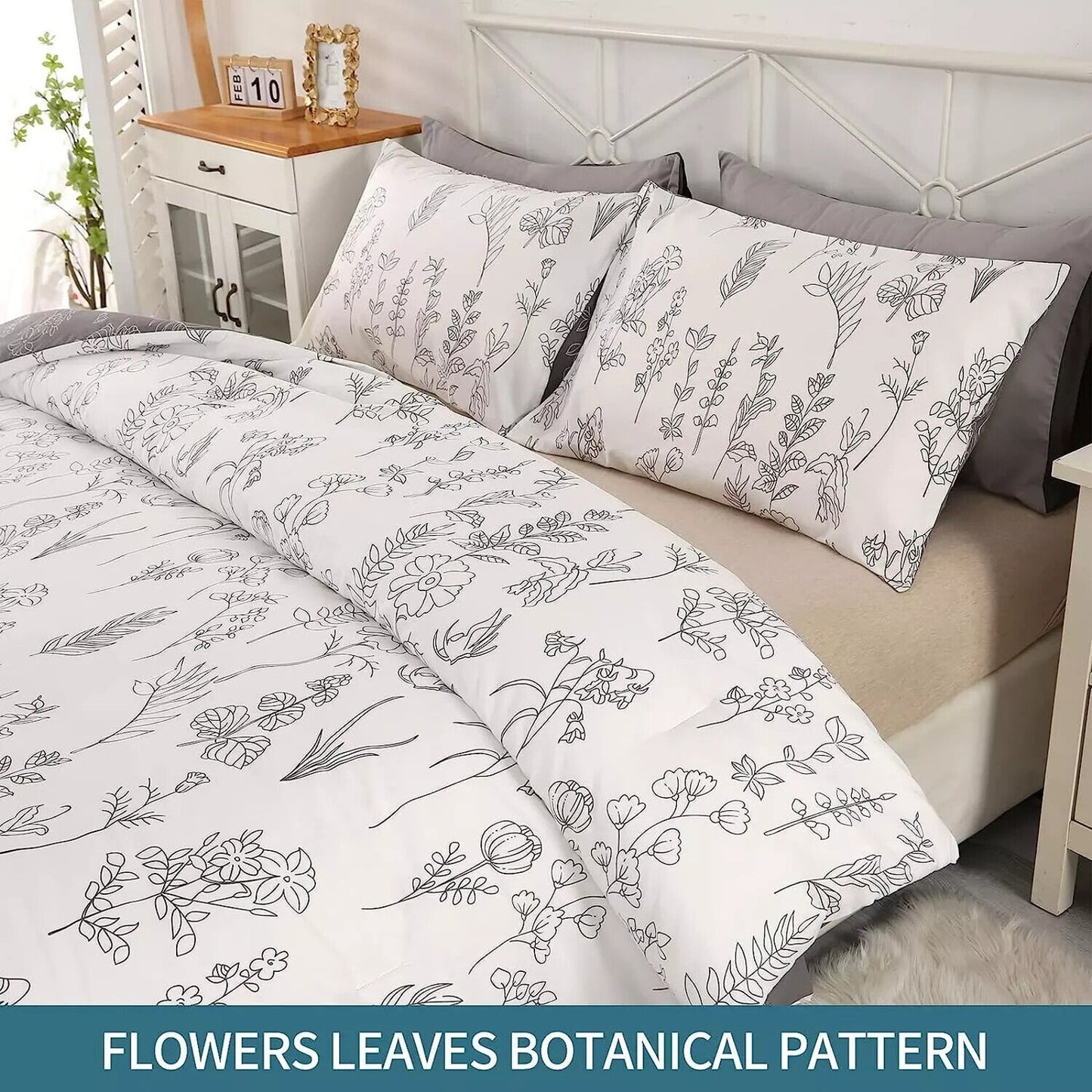 Bedsure Queen Comforter Set - Gray & White Cute Floral Bedding - Reversible