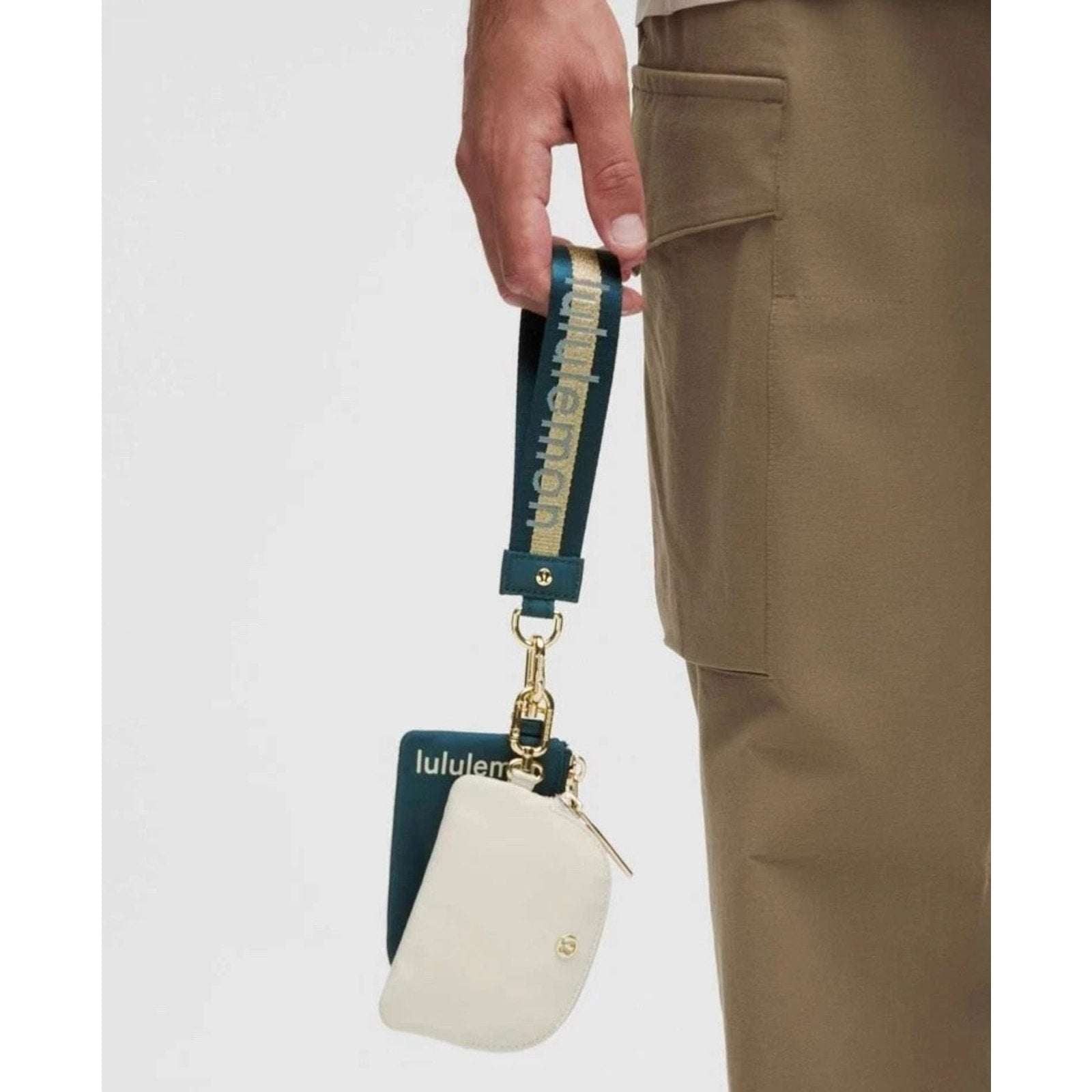 NWT Lululemon Dual Pouch Wristlet Wallet Keychain Wordmark Warp Teal, Gold, Bone