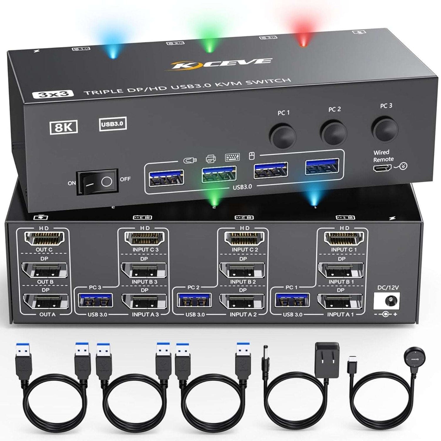 8K@60H KVM Switch 3 Monitors 3 Computers HDMI + DisplayPort, KCEVE USB 3.0 DP/HD