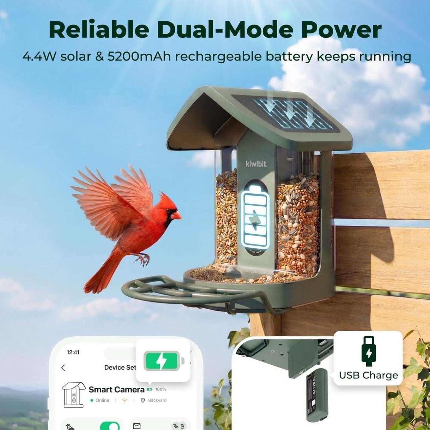 Kiwibit Beako Solar Smart Bird Feeder w Camera, 4K UHD Video, 2-Way Audio, AI ID