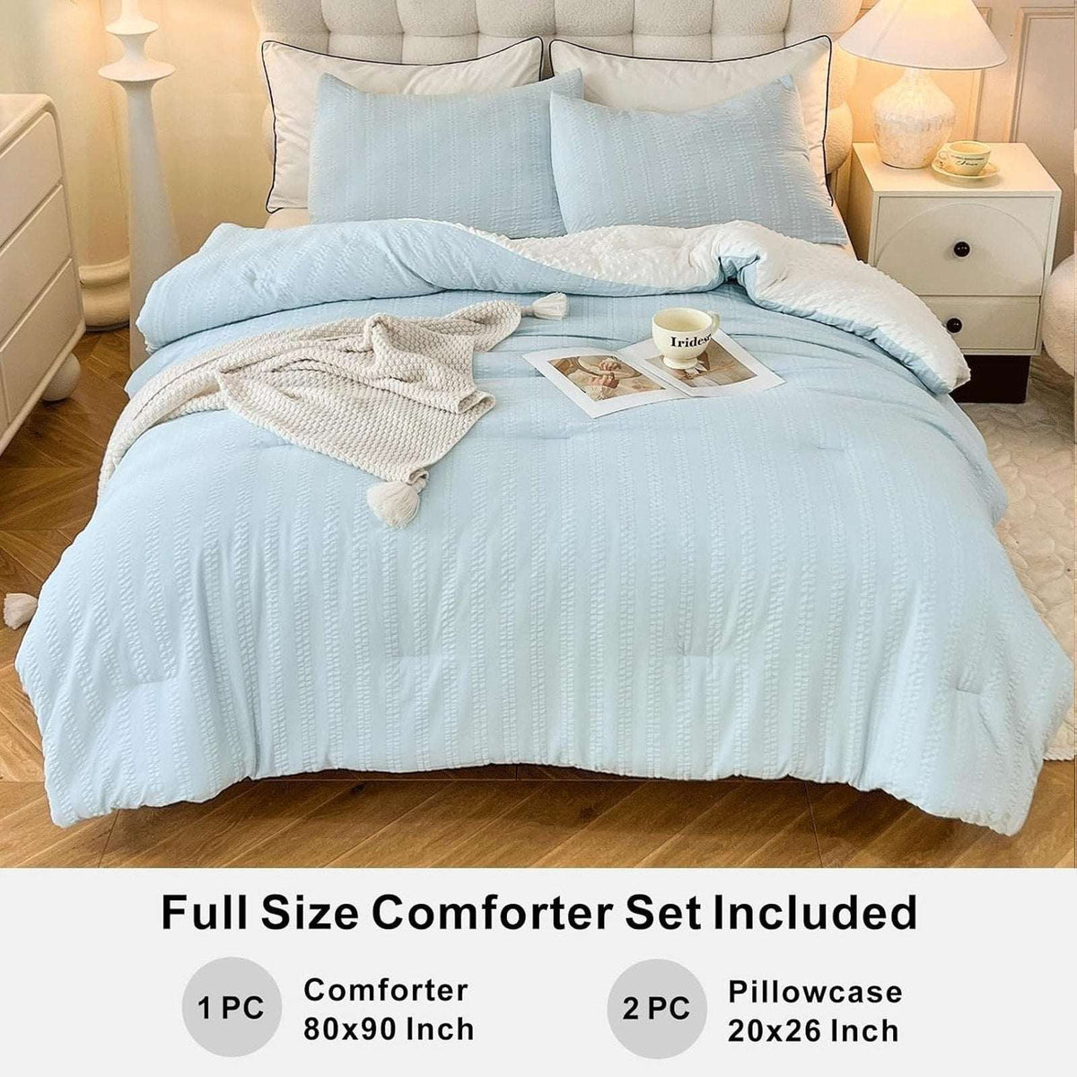 tohrisa Boho Comforter Set Full Size Blue Seersucker 3PC All Season Bedding