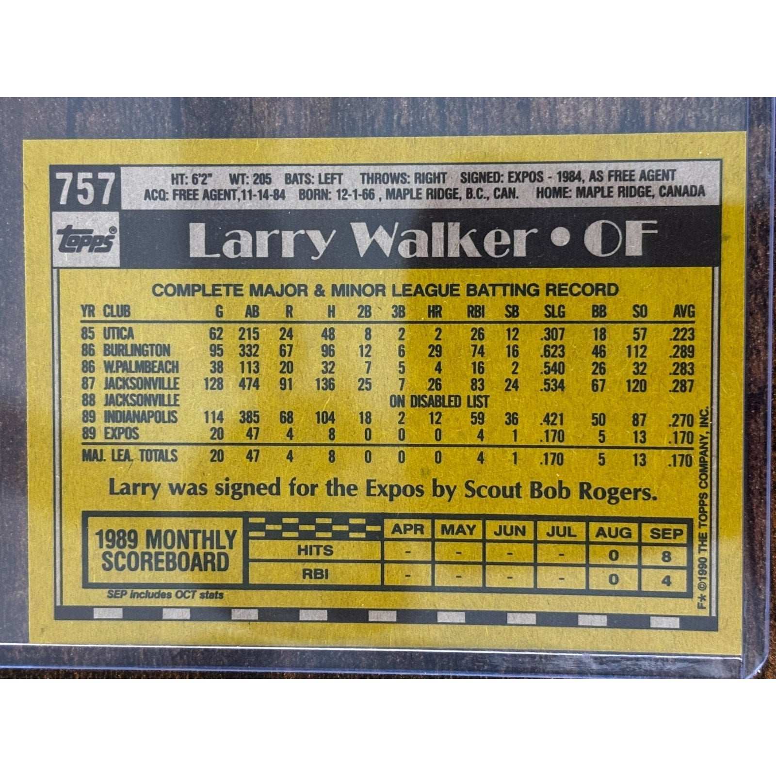 1990 Topps #757 Larry Walker RC Montreal Expos HOF