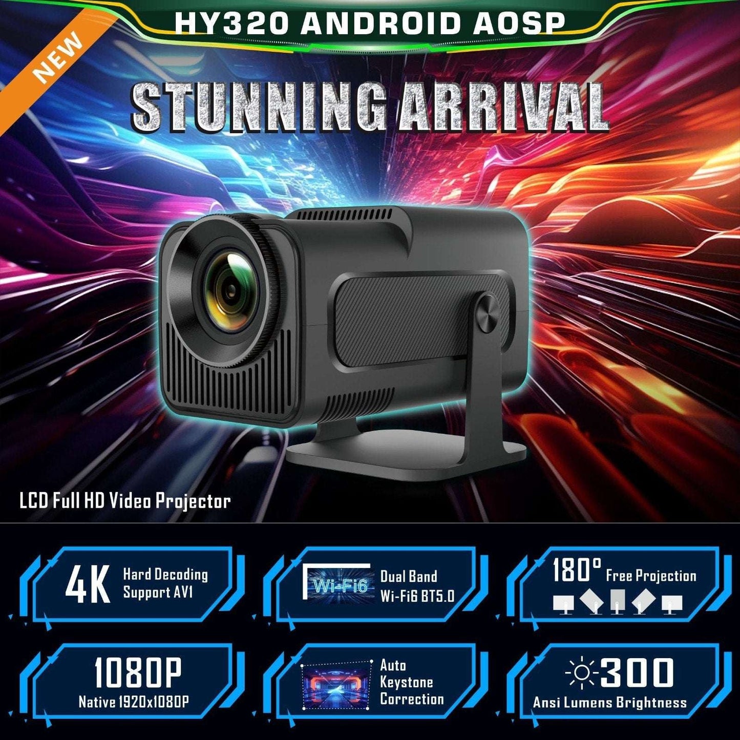 HY320 Mini Ultra HD Android 11 LCD Home Theater Projector Black HDMI USB