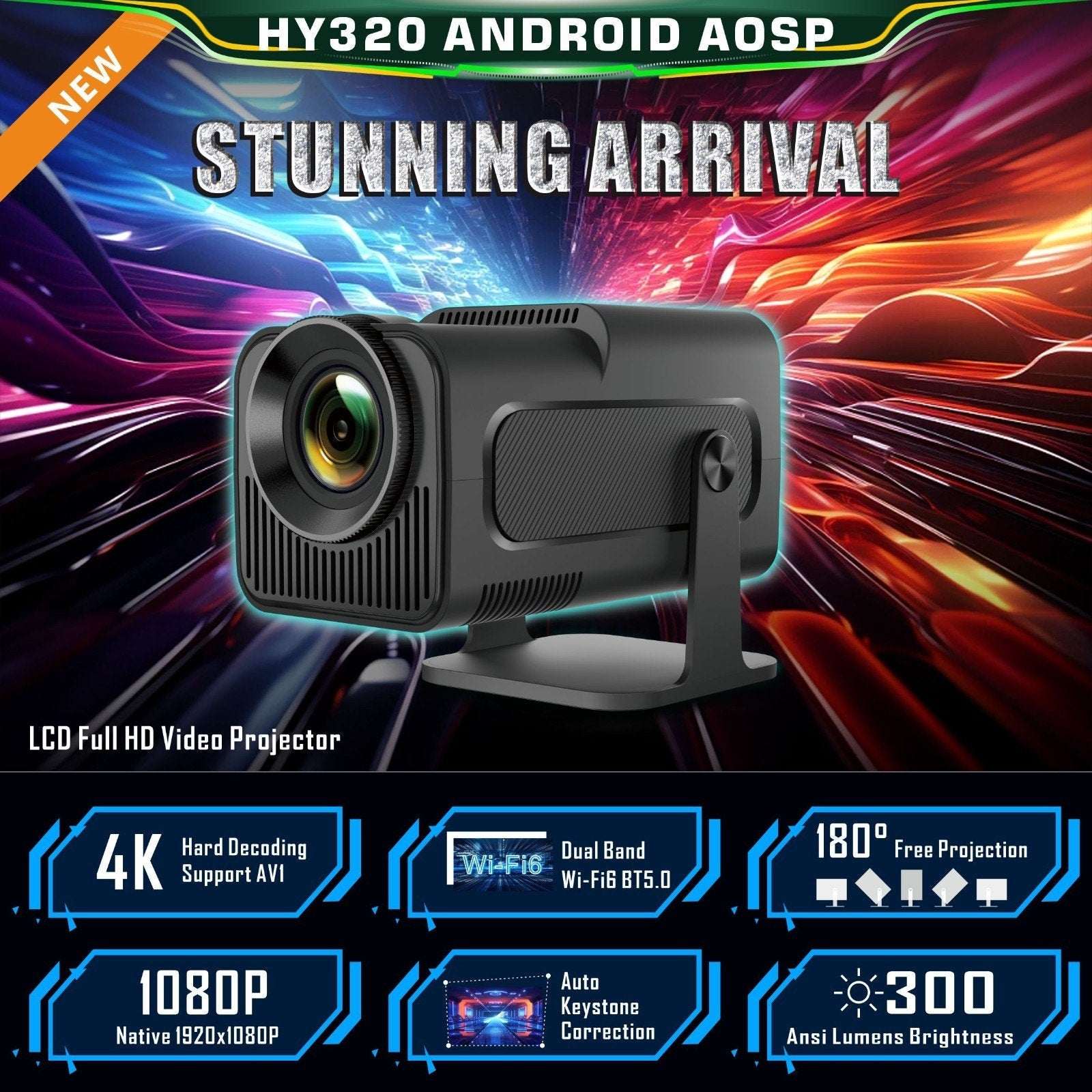 HY320 Mini Ultra HD Android 11 LCD Home Theater Projector Black HDMI USB