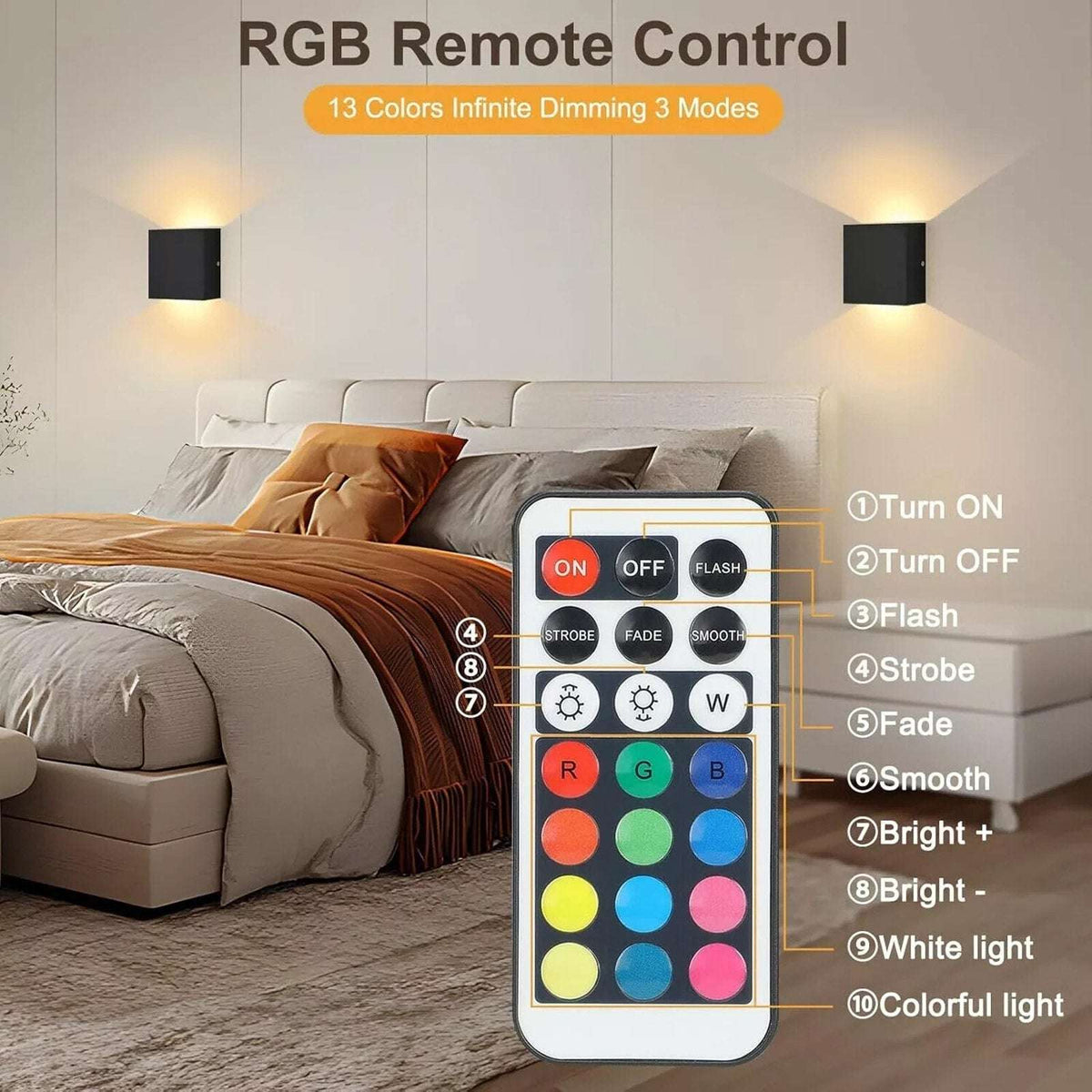 RGB Battery Operated Sconce with Remote Dimmable LED Wall Light Rechargeable
