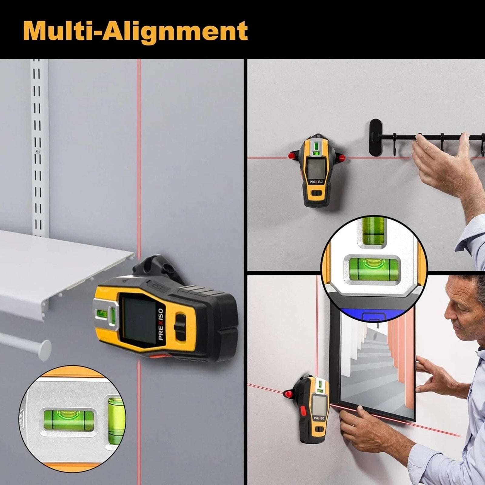 PREXISO 2-in-1 Stud Finder w/ Cross Line Laser Level, Rechargeable Multi Surface