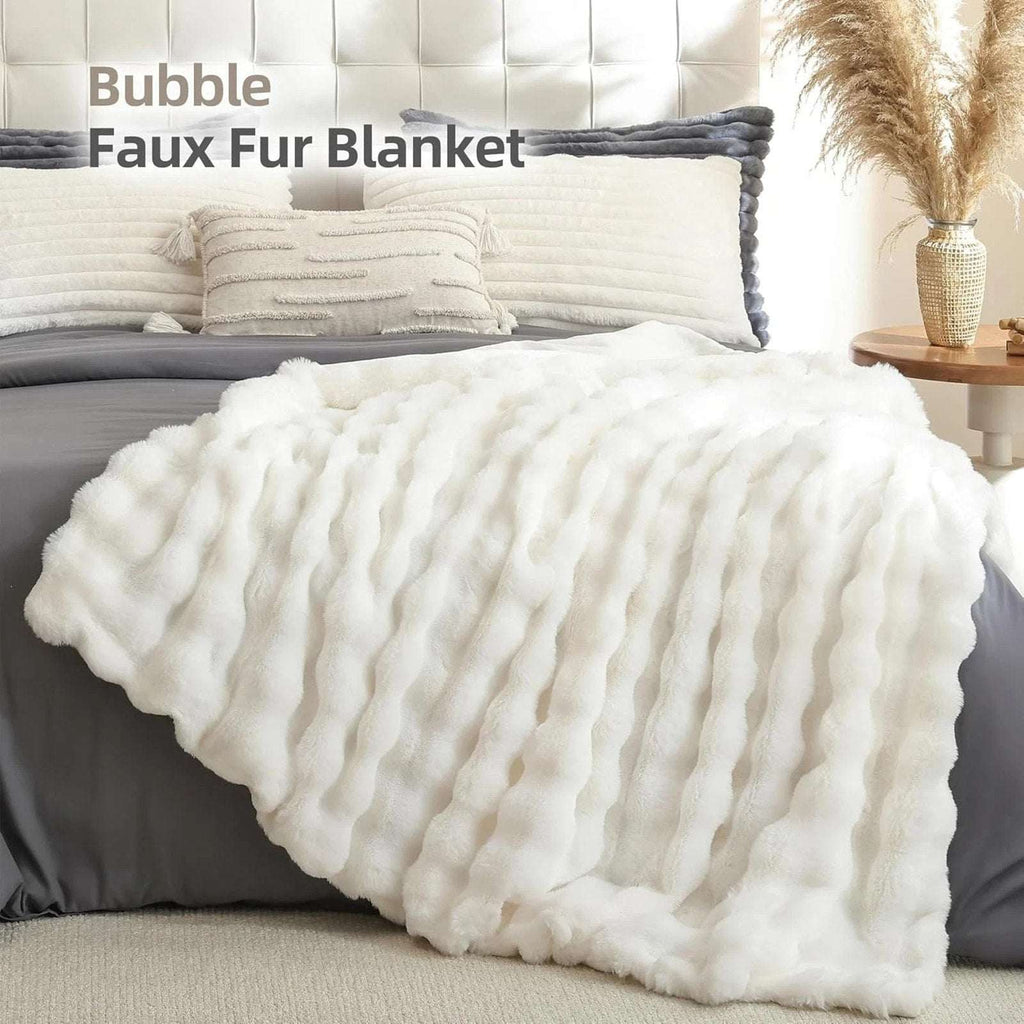 Faux Fur Throw Blanket – Cream White Fluffy Cozy Rabbit Fleece, Plush 50" x 60"