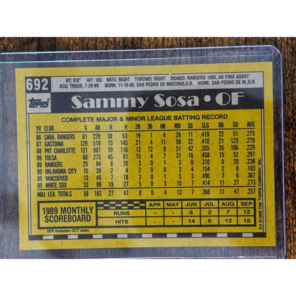 Sammy Sosa White Sox #692 Topps 1990 Rookie Card RC Error Card Misprint Birthday