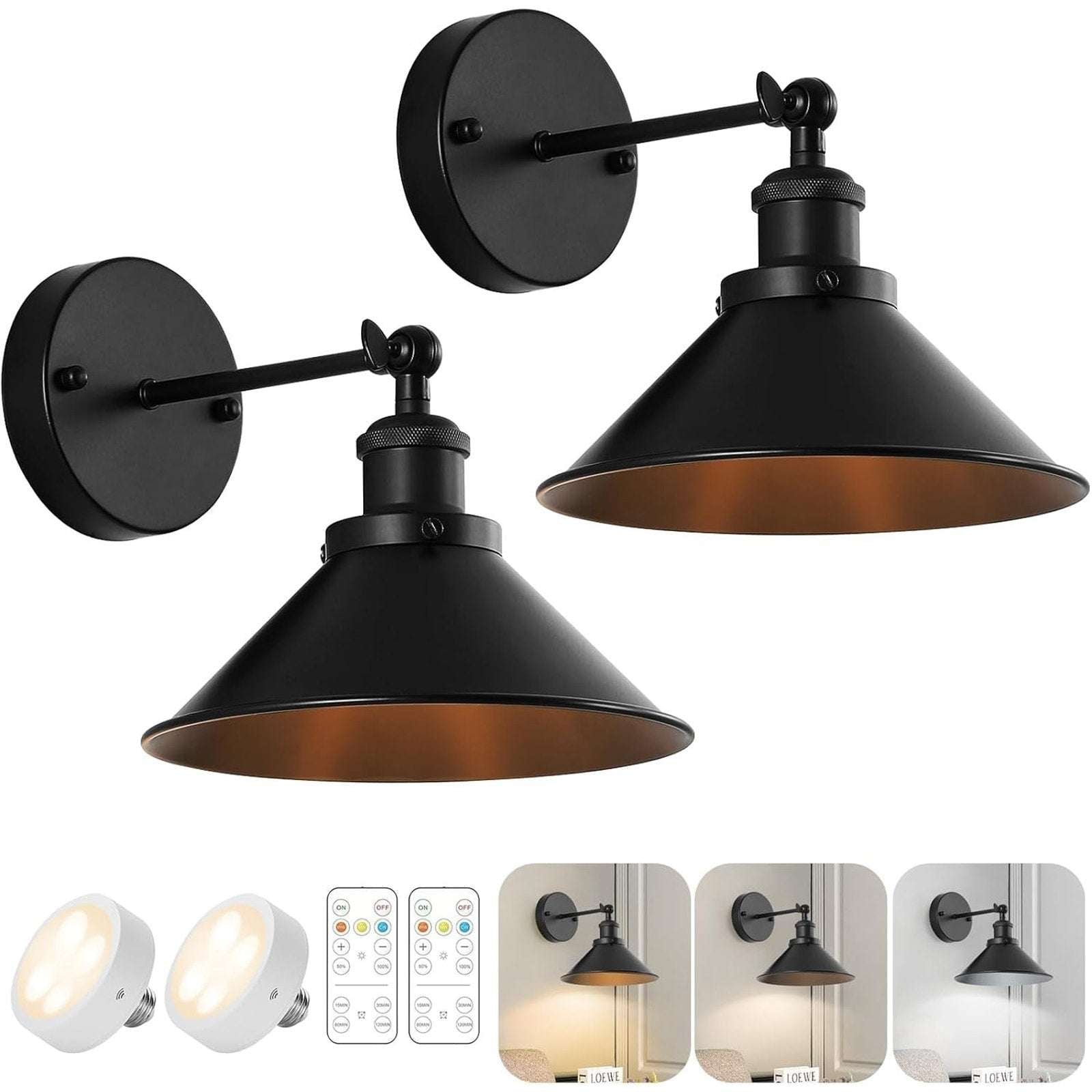 2Pk Black Rustic Wireless Battery Operated Wall Sconces Light Fixtures w/ Remote