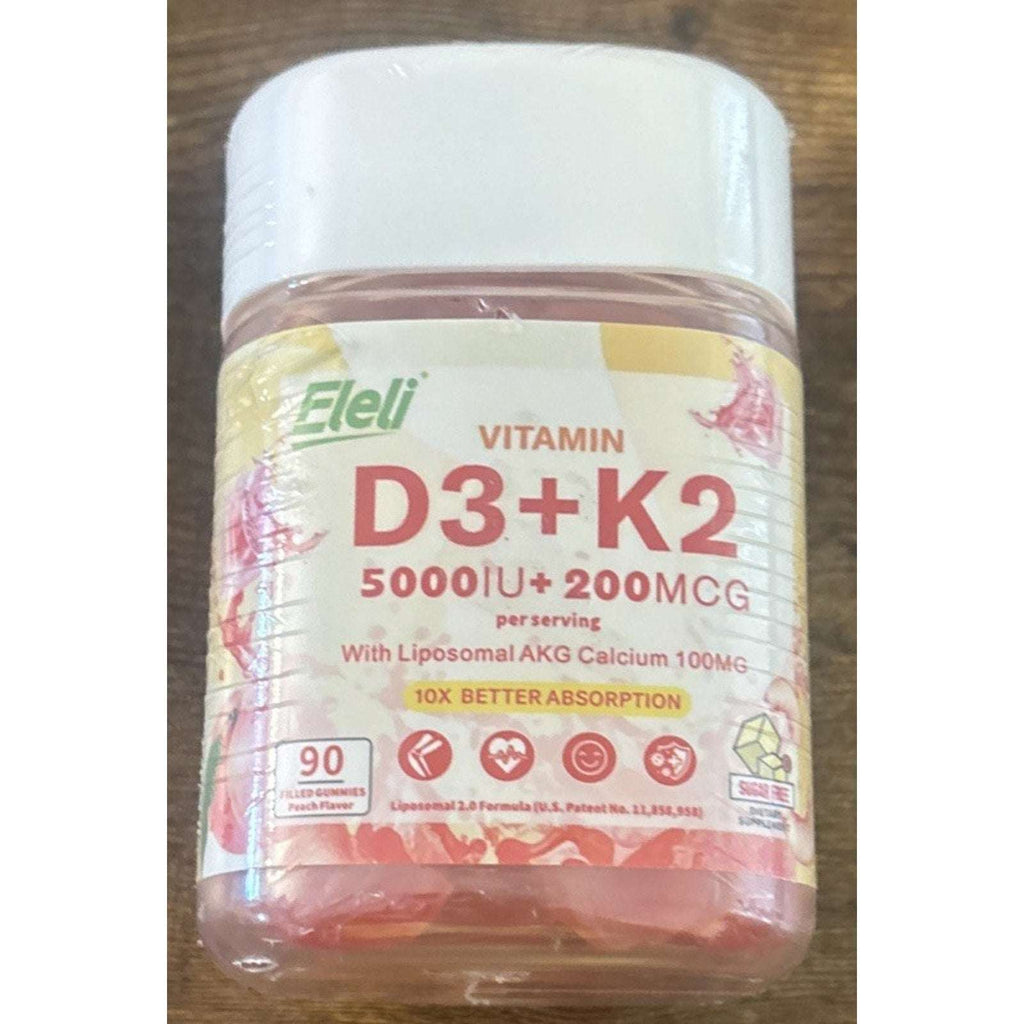 Eleli D3 K2 5000IU + 200MCG w/ Liposomal AKG Calcium 100MG Sugar Free 90 Gummies