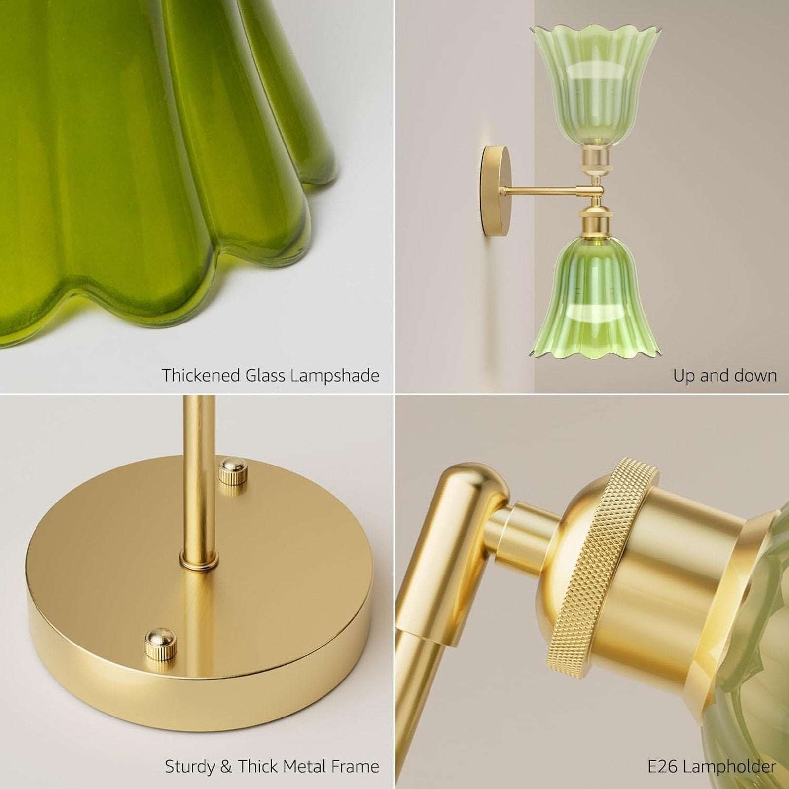 2Pc Vtg Wireless Wall Sconce Green Tulip Glass & Gold w Remote Rechargeable Bulb