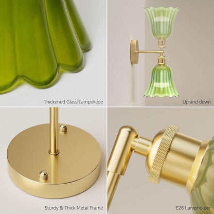 2Pc Vtg Wireless Wall Sconce Green Tulip Glass & Gold w Remote Rechargeable Bulb