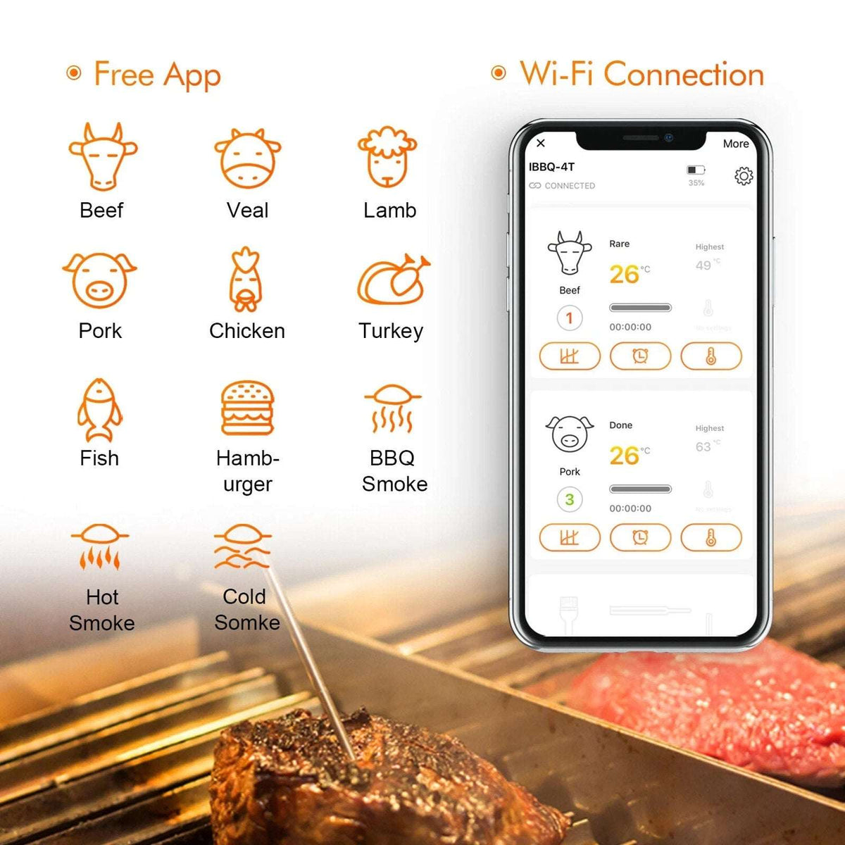 Inkbird Remote Wifi Food Thermometer IBBQ-4T BBQ Meat Cooking Kitchen Grill Tool