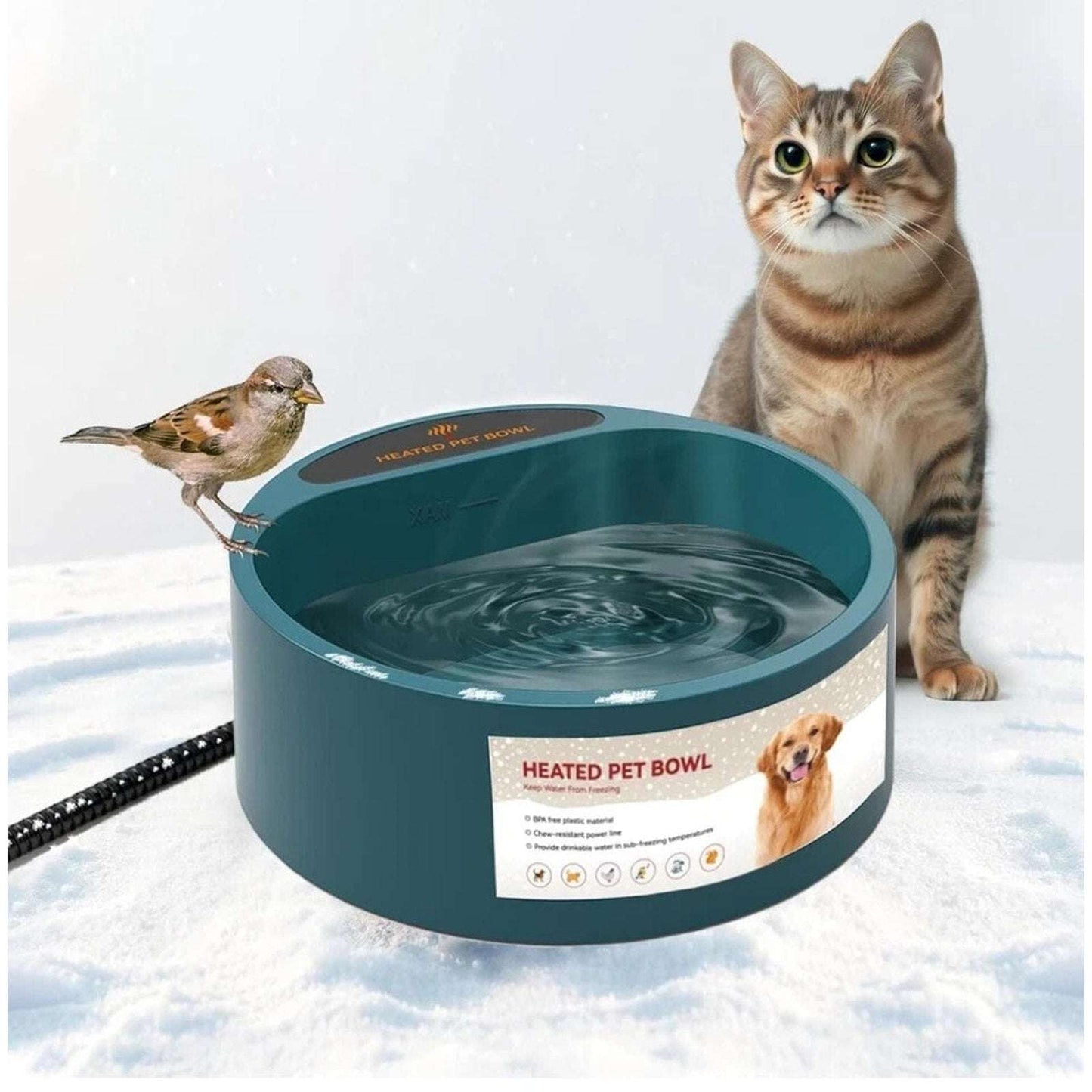 35W Heated Pet Water Bowl Waterproof Thermostatically Control AntiChew Cord 2.2L