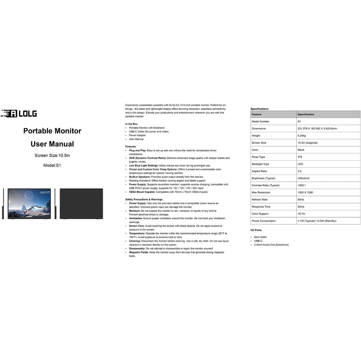 ALOLG HDMI Potable Monitor 10.5 Inch Screen IPS Panel 1920X1280 Model S1