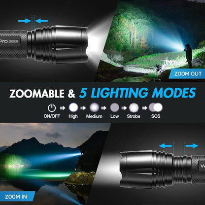 LED Tactical Flashlight 2 Pack, Waterproof, High Lumens, 5 Modes, Zoomable, SOS