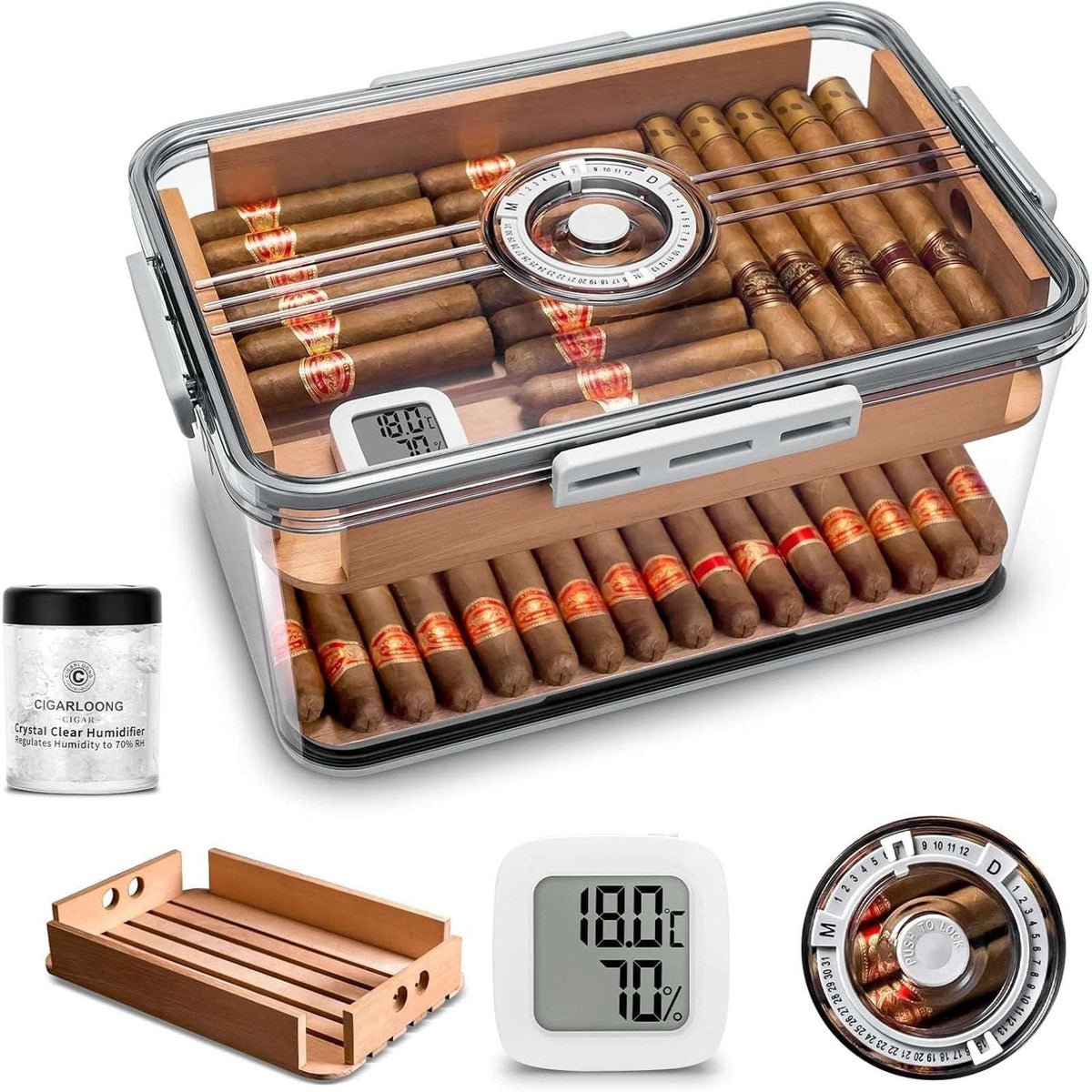 100 Cigar Humidor Clear Acrylic Spanish Cedar Shelf Age Dial Digital Hygrometer