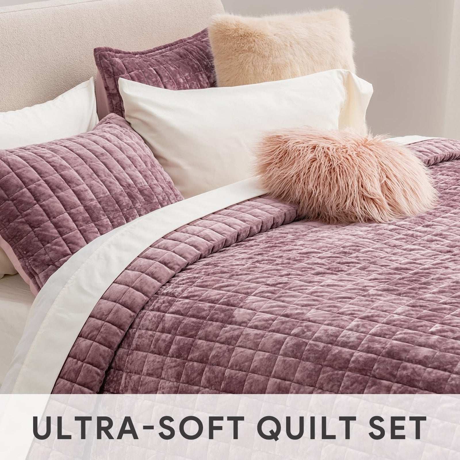 RECYCO Luxury Velvet Quilt Set Full Queen Size Bedding Ultra Soft in Dusty Mauve