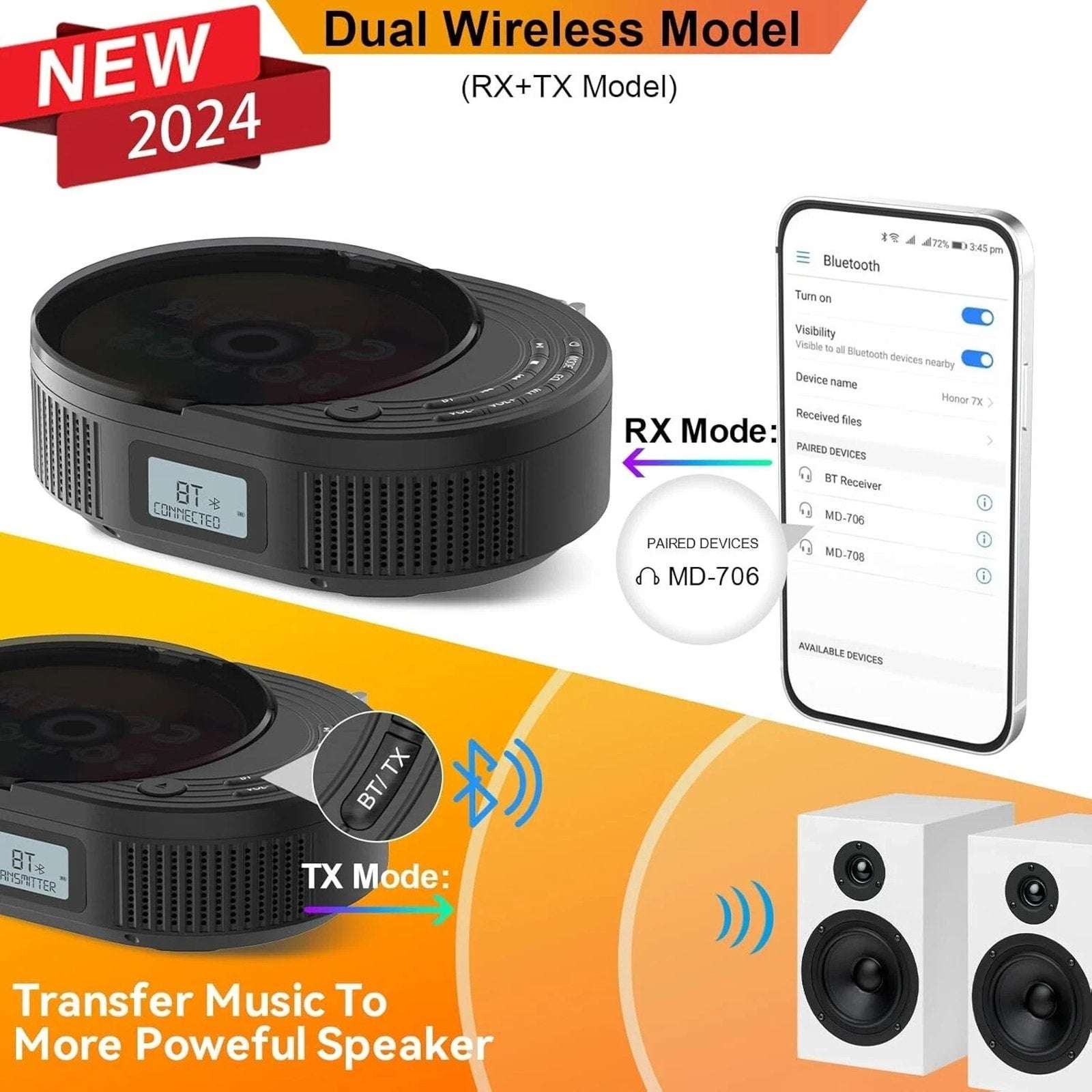 MONODEAL Portable Bluetooth Boombox CD Player, FM Radio, BT Speaker Transmitter