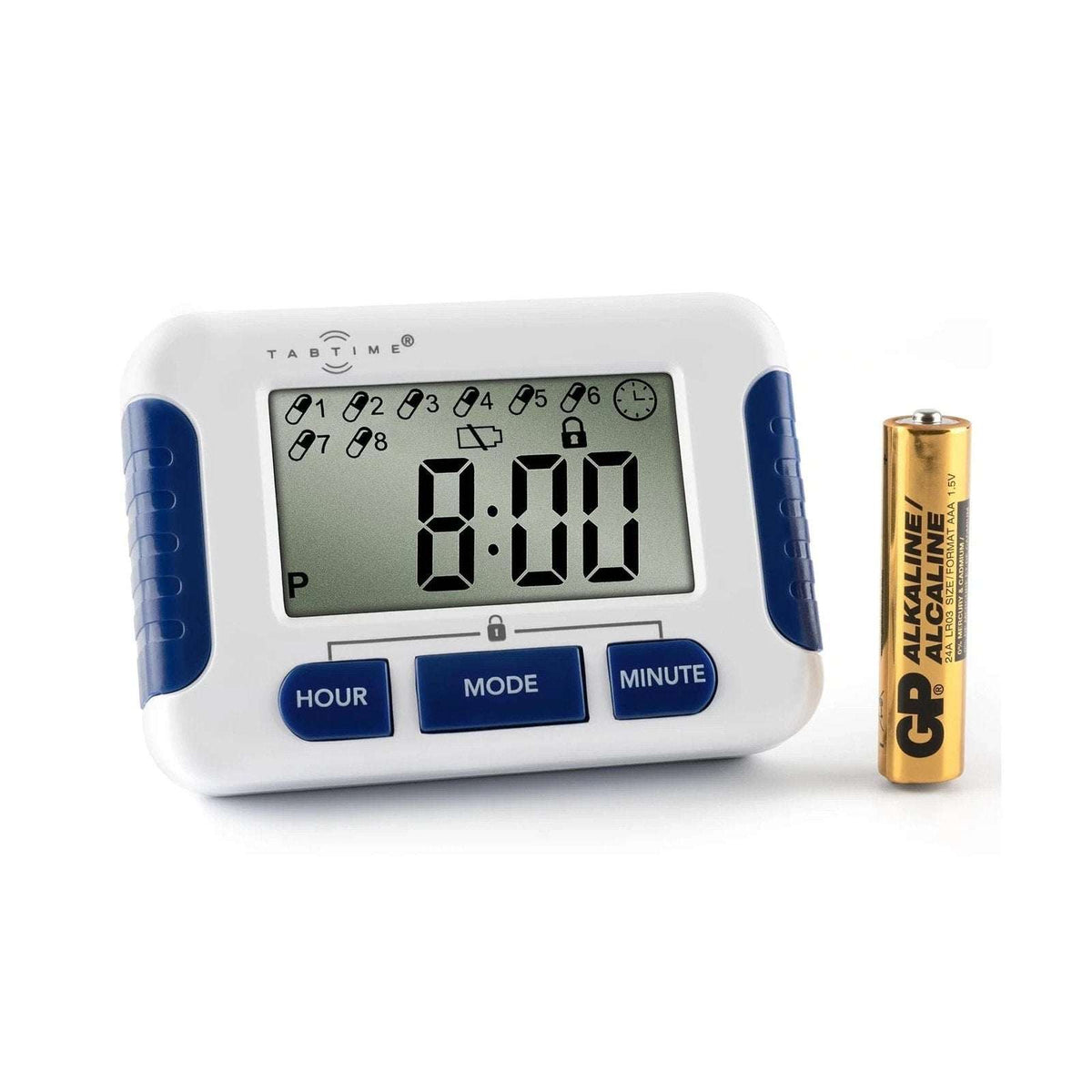 TabTIME Electronic Pill Timer Reminder with 8 Daily Alarms, Lockable Keys, 12/24