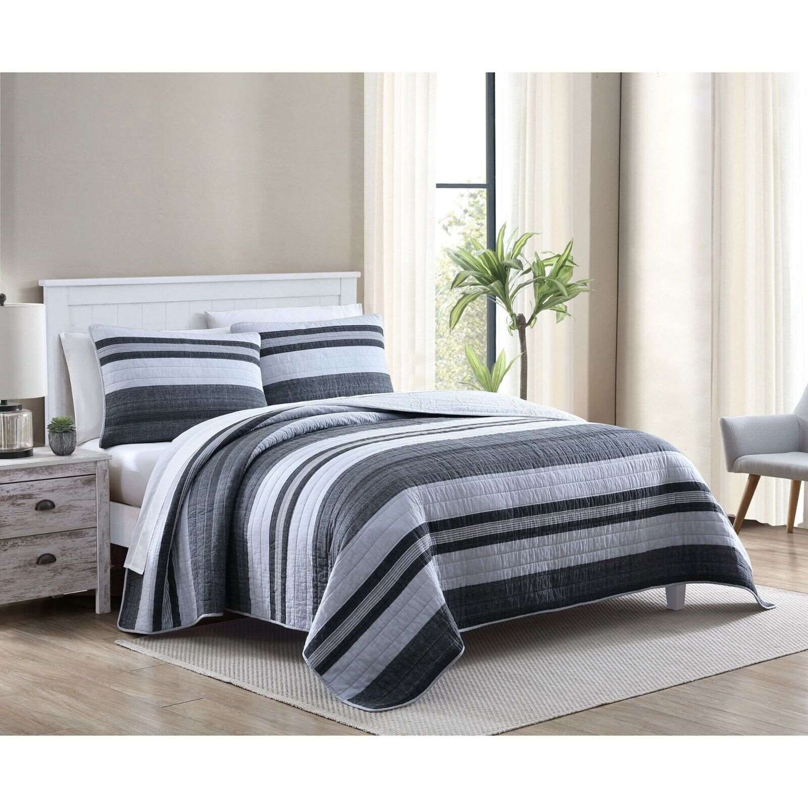 Nautica Ardmoore Quilt & Sham Set Twin Size Washable Cotton Nautical Gray Stripe