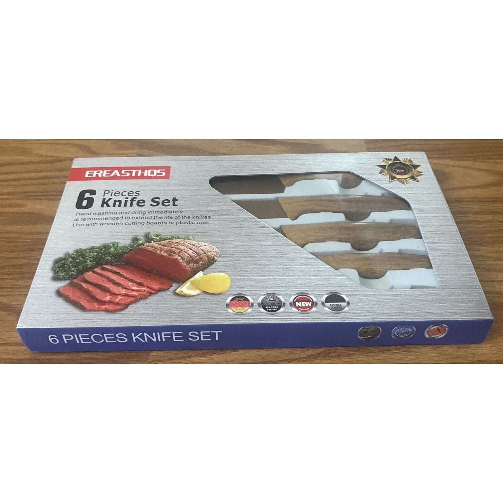 6Pc Culinary Knife Set Gold Straight Non Stick & Anti-Slip Soft Grip Wood Handle