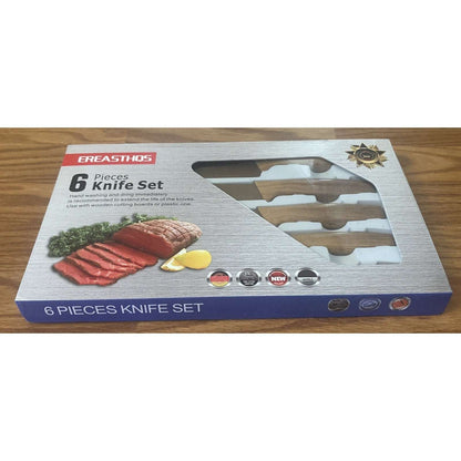6Pc Culinary Knife Set Gold Straight Non Stick & Anti-Slip Soft Grip Wood Handle