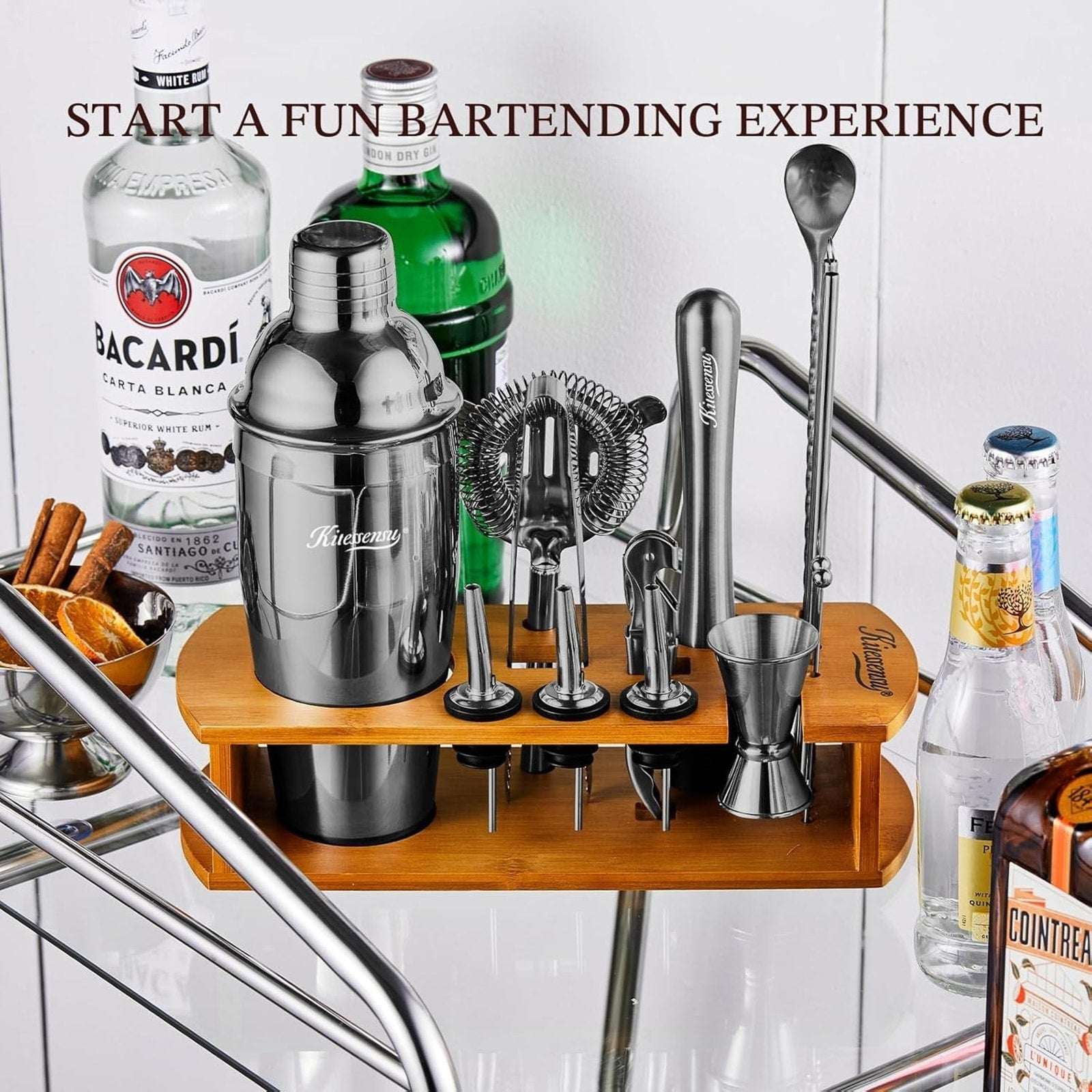 Black Stainless Steel Cocktail Shaker Set Home Bar Bartender Kit w/ Bamboo Stand