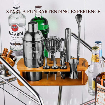 Black Stainless Steel Cocktail Shaker Set Home Bar Bartender Kit w/ Bamboo Stand