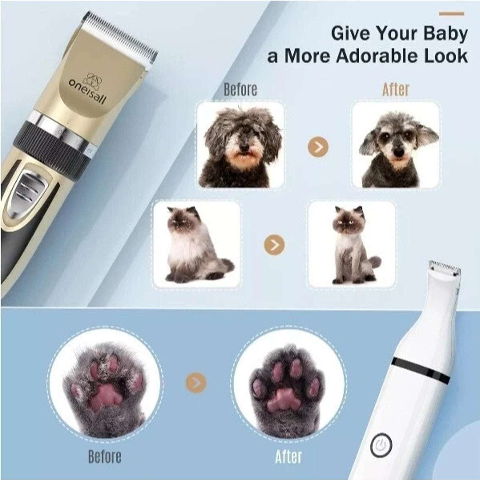 oneisall 2 in 1 Dog Cat Hair Clippers & Paw Trimmer Kit Low Noise Cordless X2+N5