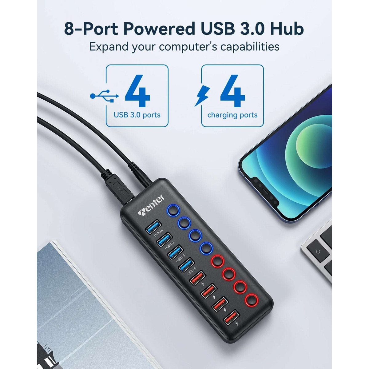 8-Port USB Hub Splitter 4 USB 3.0 Data Ports 4 Smart Charging Ports Ind Switches