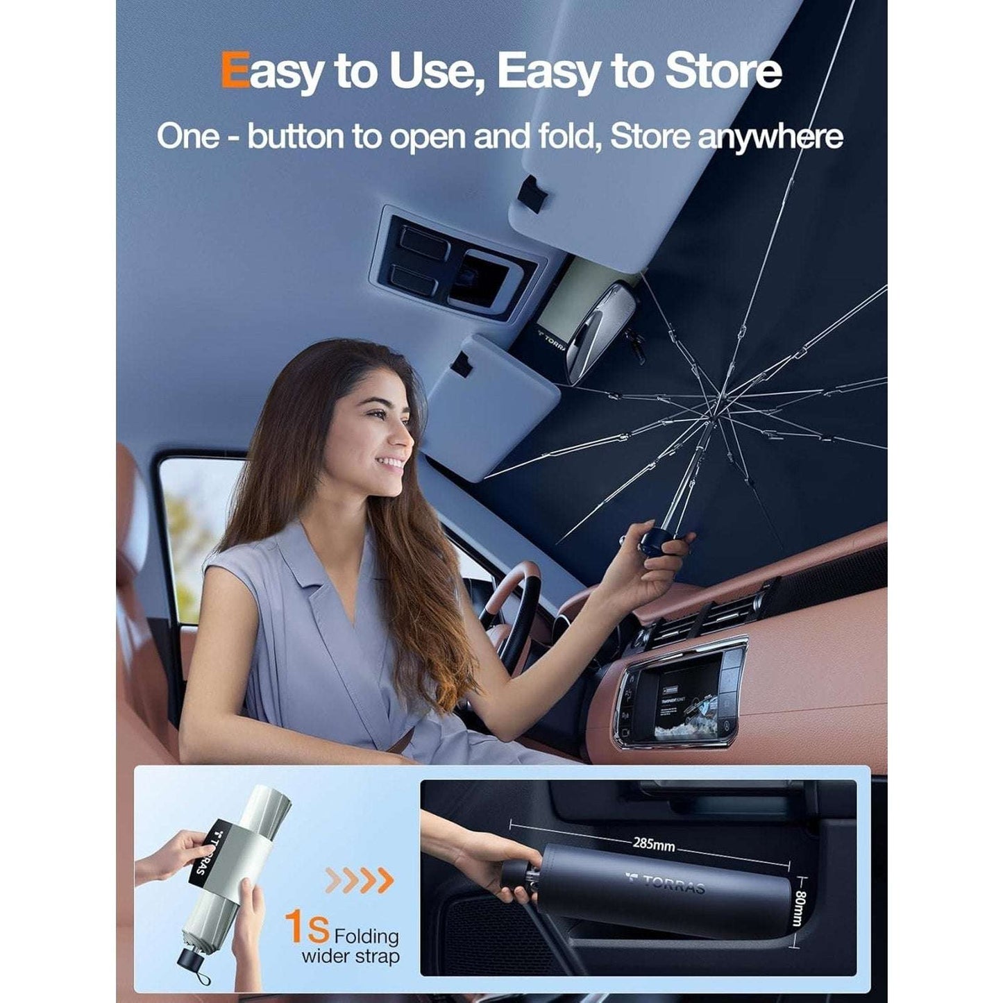 TORRAS Car Windshield Sun Shade Umbrella w Organizer - Universal Beige Blocks UV
