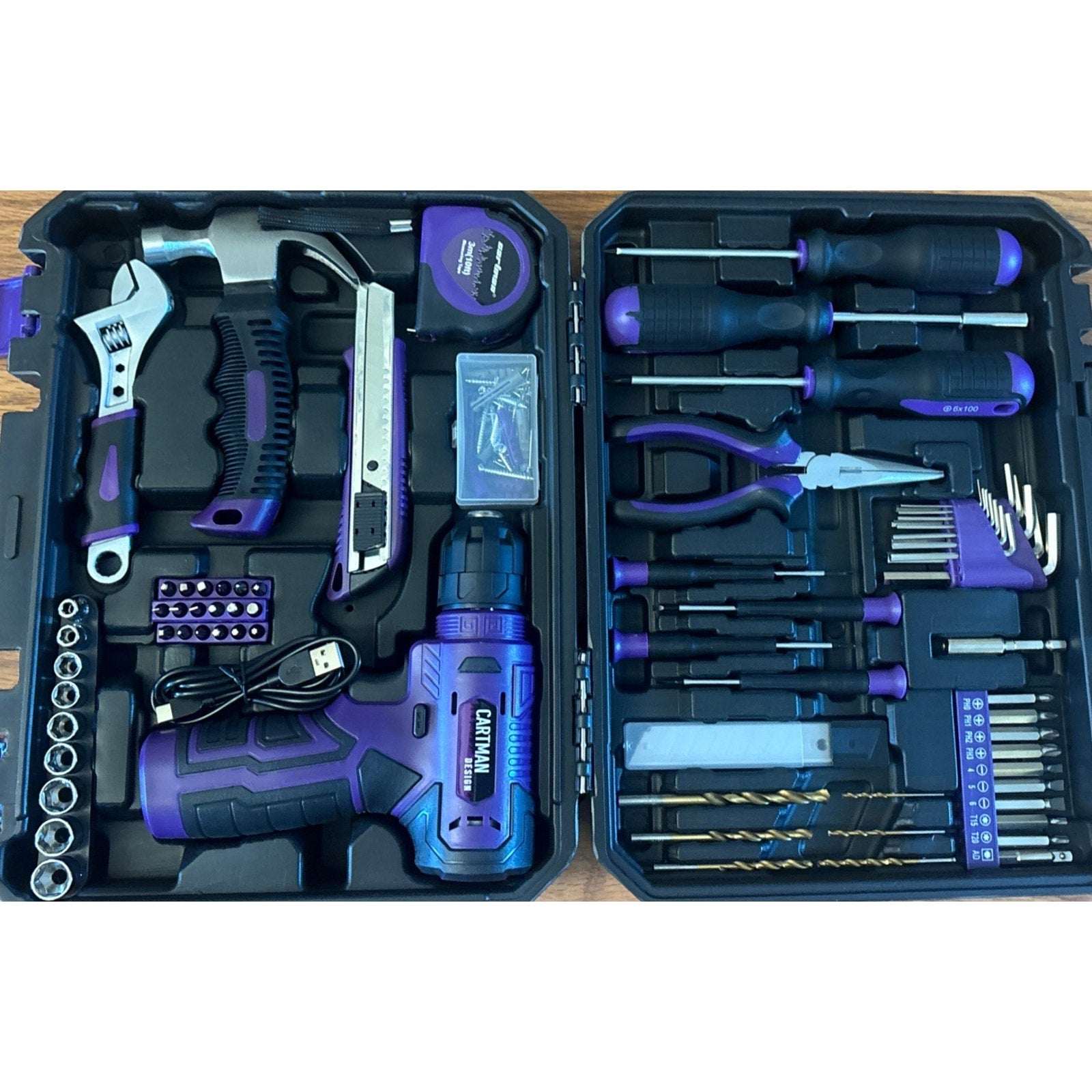 CARTMAN 150 Piece Tool Set, Home Tool Kit w/ 8V Purple Cordless Drill Set & Case