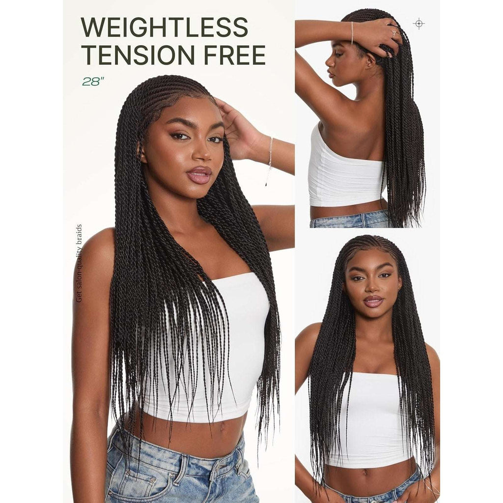 Boho 13X6 HD Lace Cornrow Twisted Braid Wig w/ Baby Hair 28" 180% Density Black
