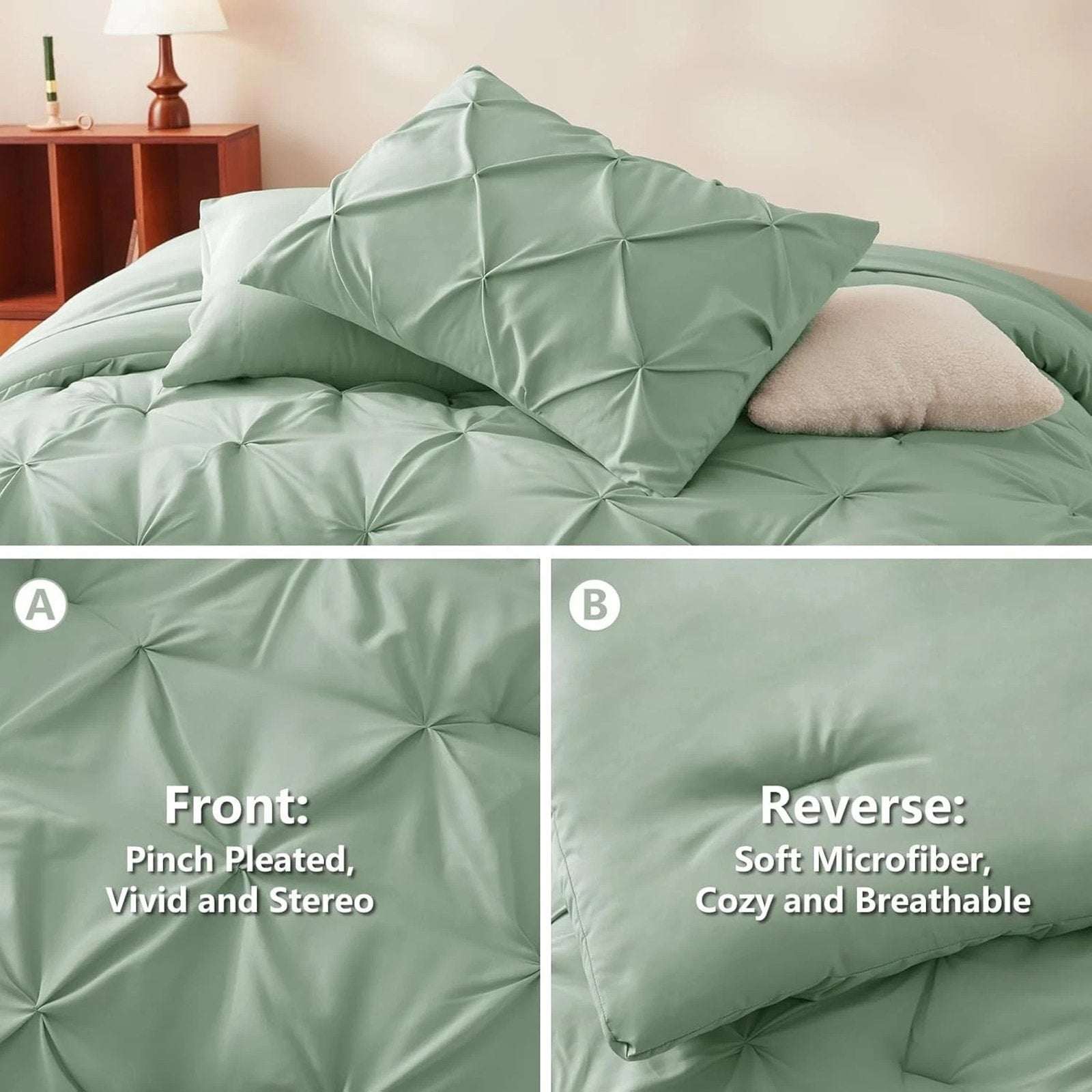 CozyLux 7-Piece King Size Pintuck Comforter & Sheet Set Sage Green Bed in a Bag