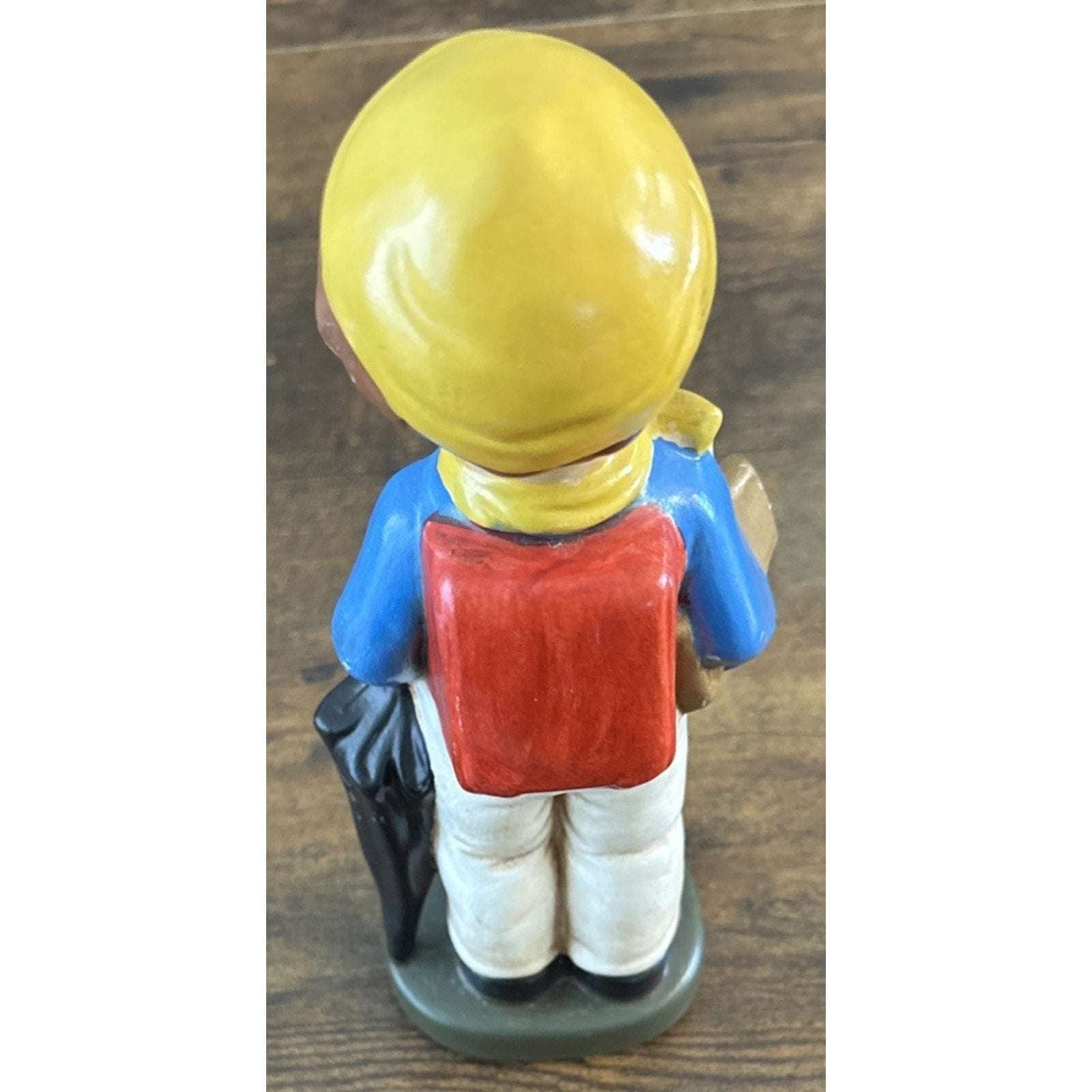 VTG Ceramic School Boy Figurine Books Umbrella Red Backpack Blue Coat Yellow Hat