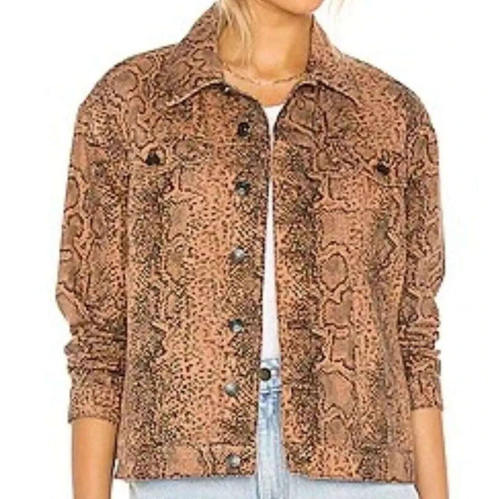 Free People Trucker Brown Snake Print Denim Jacket Size M Medium