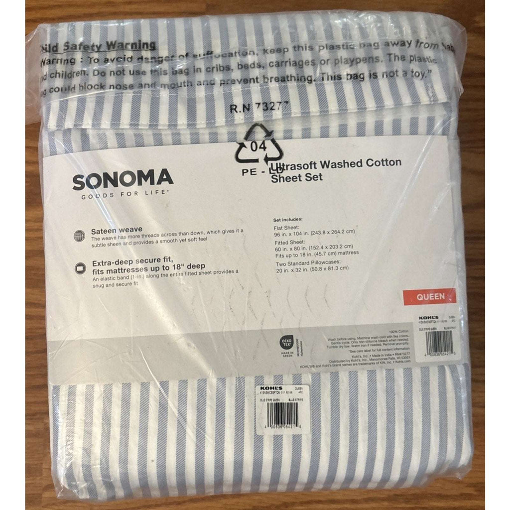 SONOMA ULTRA SOFT WASHED COTTON 4PC SHEET SET Extra Deep Fit Blue Stripe QUEEN