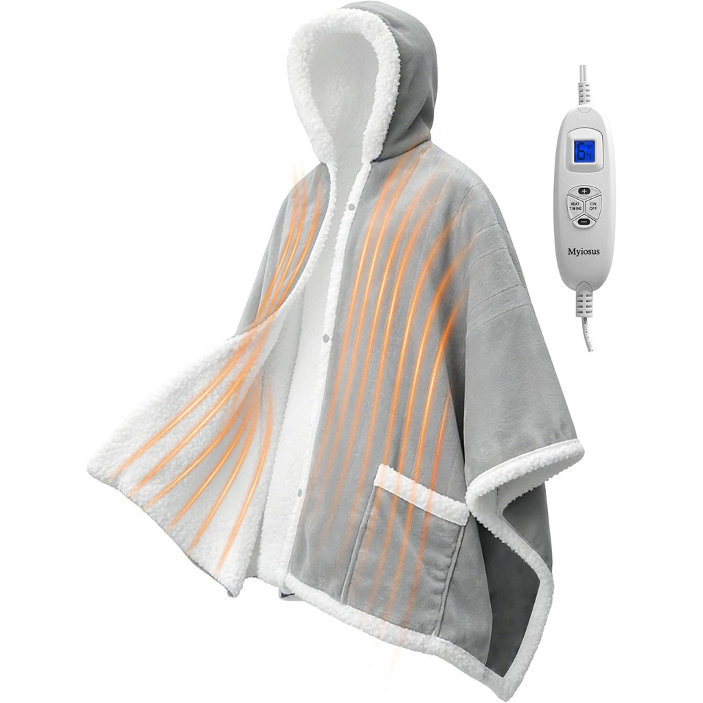 Wearable Sherpa & Velvet Heated Blanket with Hood & Pockets 6 Heat Levels, Timer
