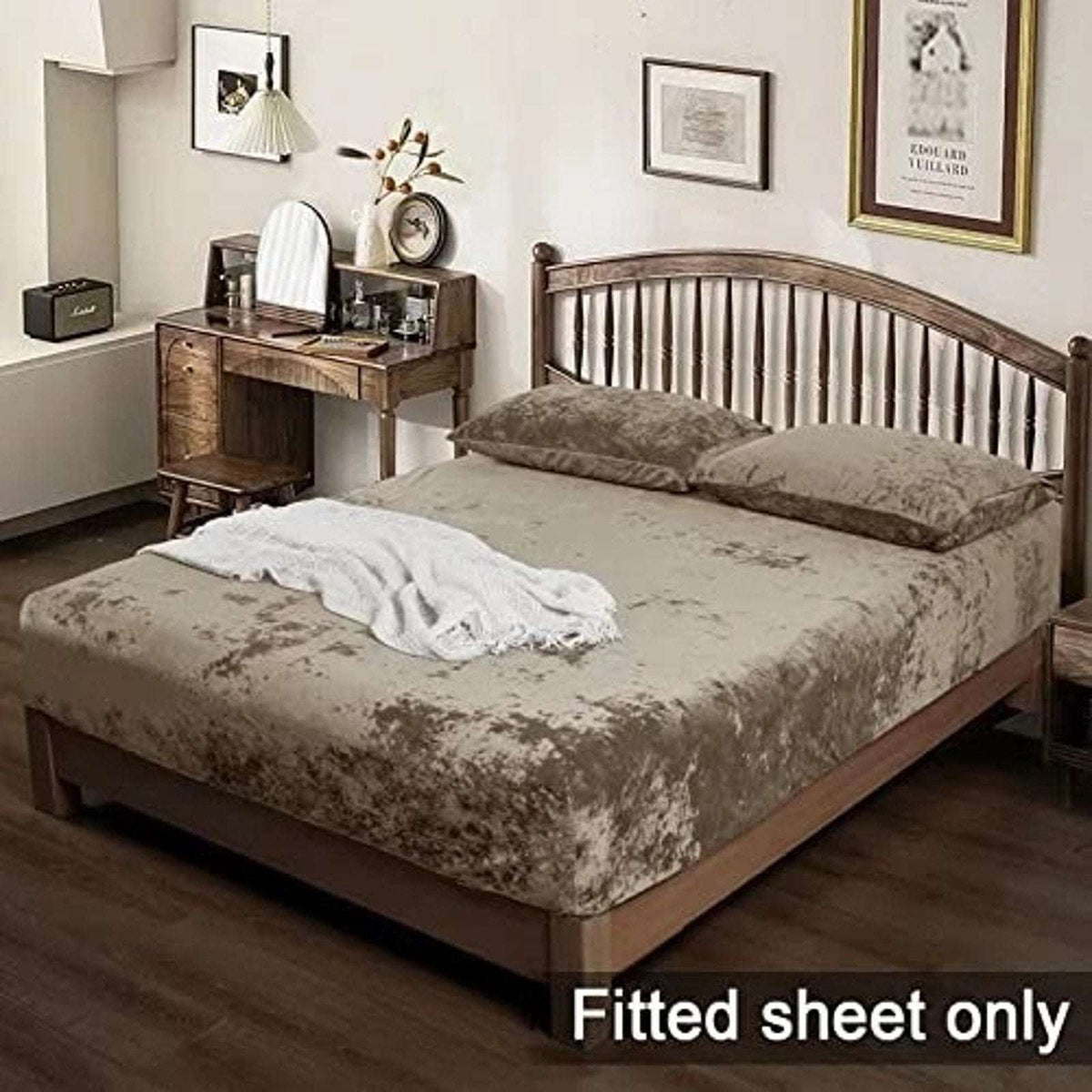 PHF Truly Velvet Fitted Sheet Queen Size Luxury Super Soft & Cozy Deep Fit Khaki