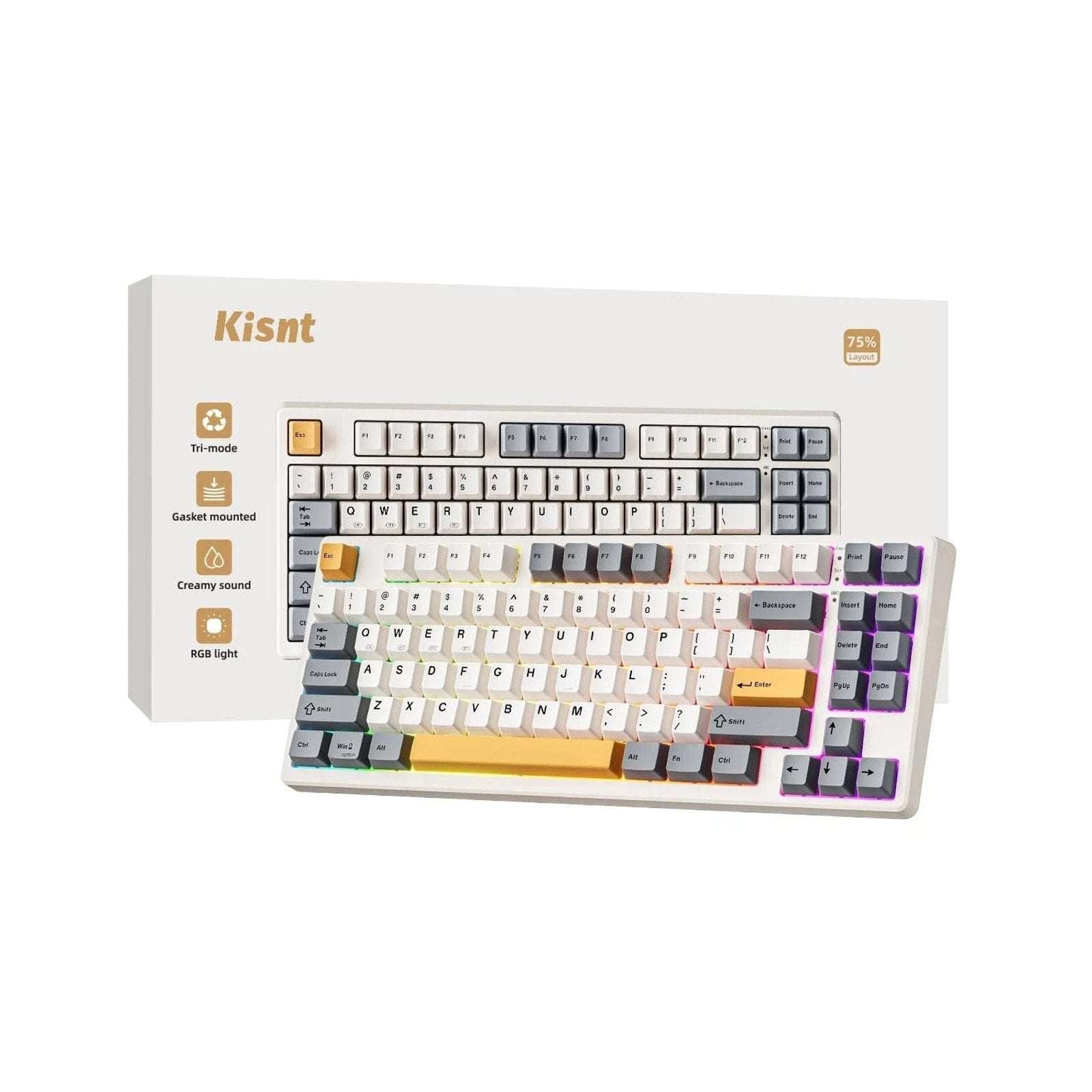 Kisnt Wireless Mechanical Keyboard, Gasket Mounted, Creamy Sound, RGB, Retro Bei