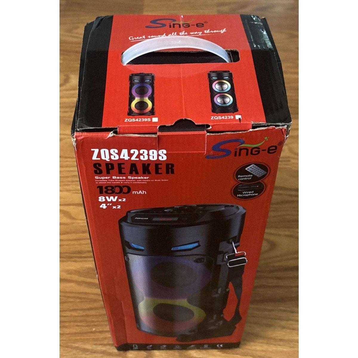 Sing-e ZQS4239S Portable Super Bass LED Speaker w/ Remote, USB/AUX, 1800mAh, Mic
