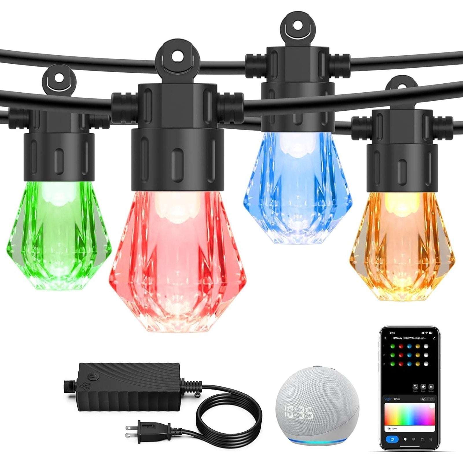 XMCOSY+ 48ft RGBCW Smart Outdoor String Lights, App Control, Alexa, Waterproof