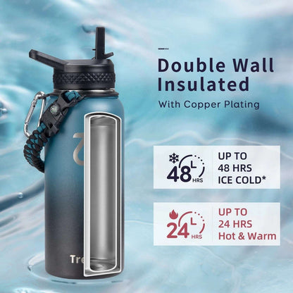 Trebo 32oz Water Bottle Insulated 3 Lids, Paracord, Carabiner, Compass & Whistle
