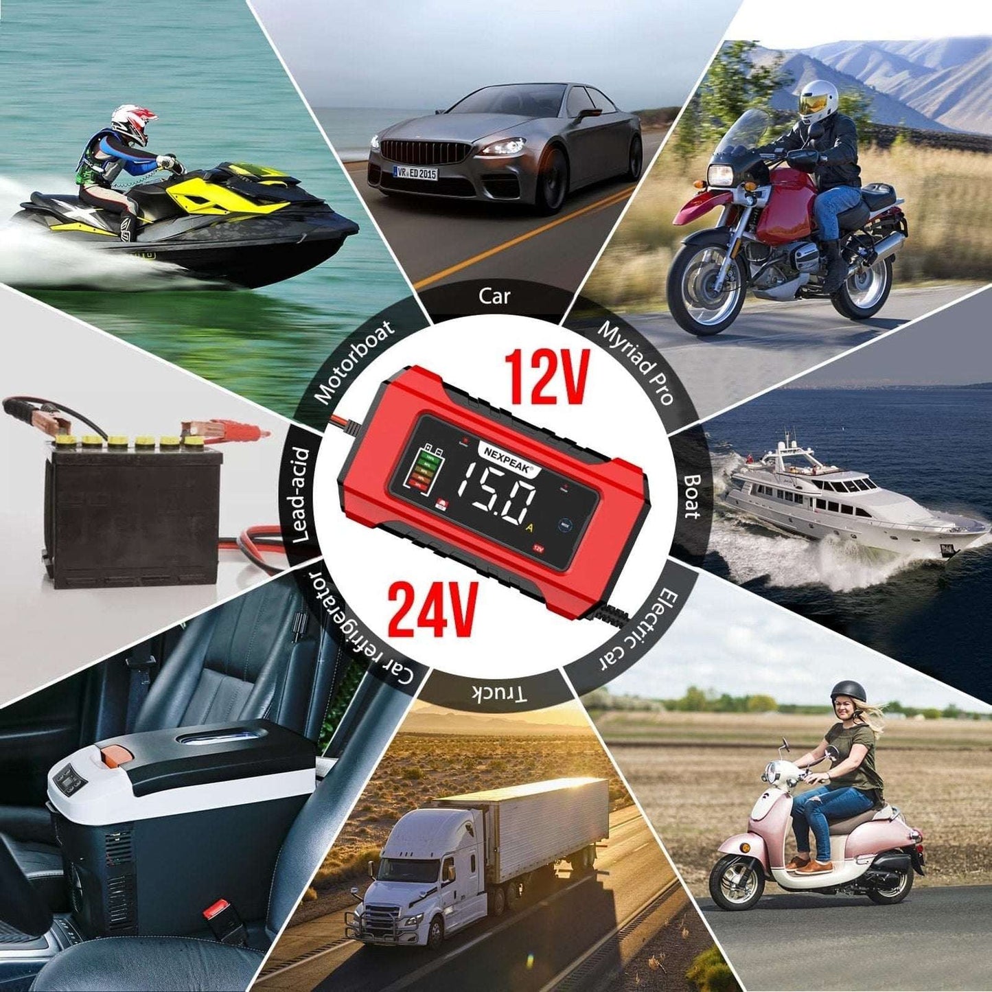 NEXPEAK 15A Smart Battery Charger 12V 24V 9 Stage Trickle LiFePO4 Car Truck Boat