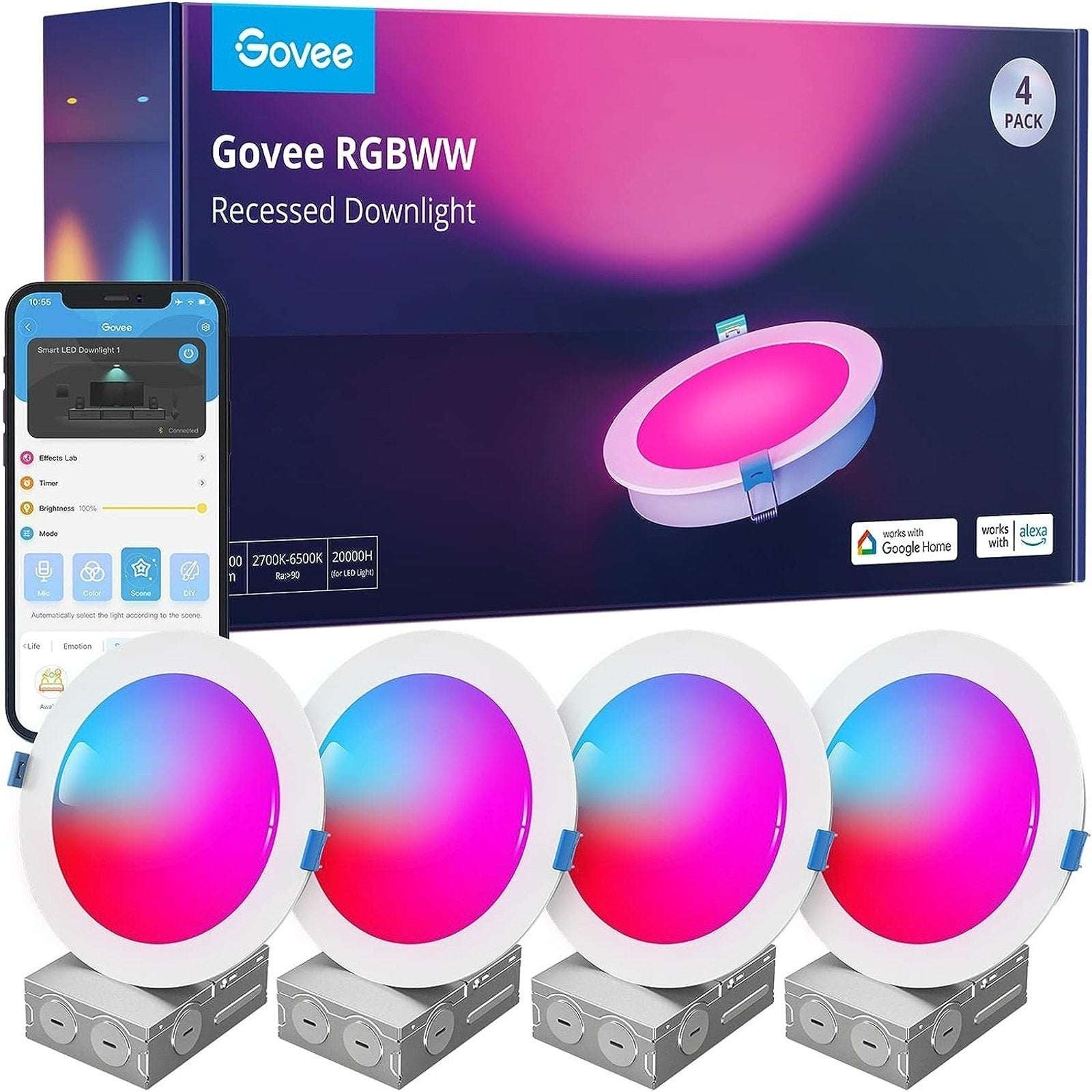 Govee H601A RGBWW 4-Pack Smart Recessed Downlights WiFi App Alexa Google Home